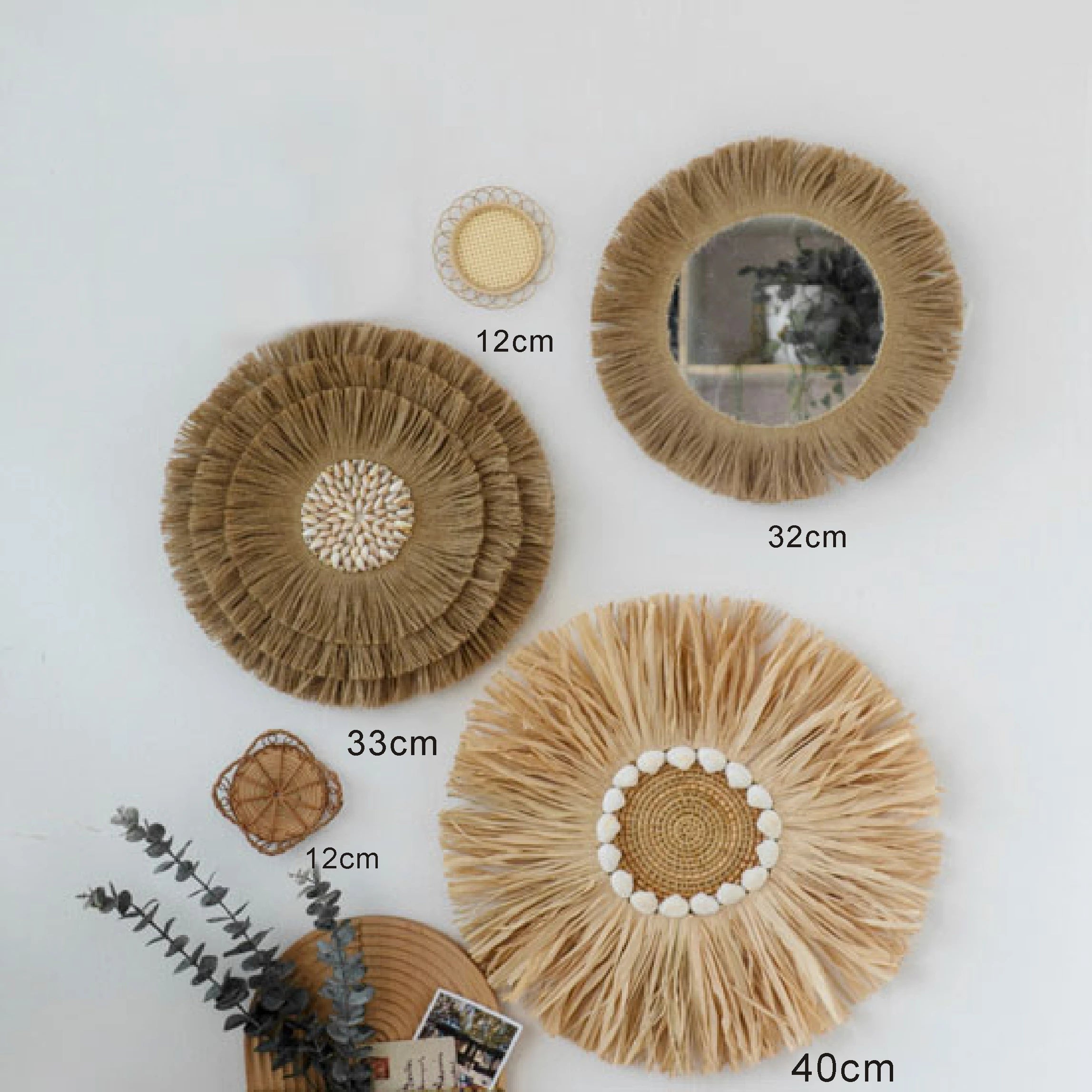 Nordic Straw Mirror – Raffia Shell Boho Wall Decor Sets Brownstick