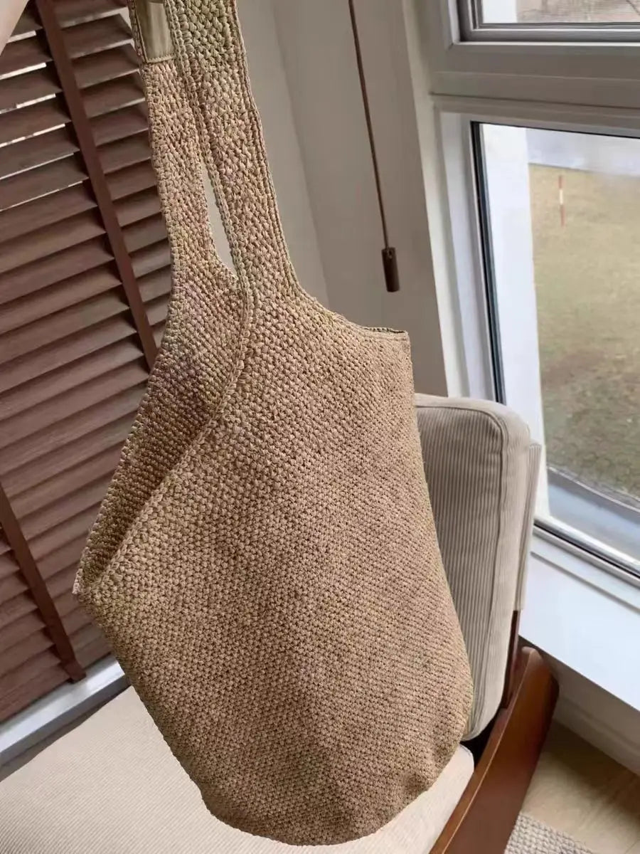 Boho Straw Tote Bag – Large Beach Shoulder Bag Brownstick