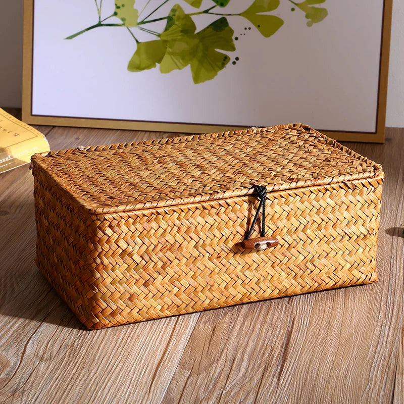 Handwoven Seagrass Storage Basket with Lid – Natural Organizer Brownstick