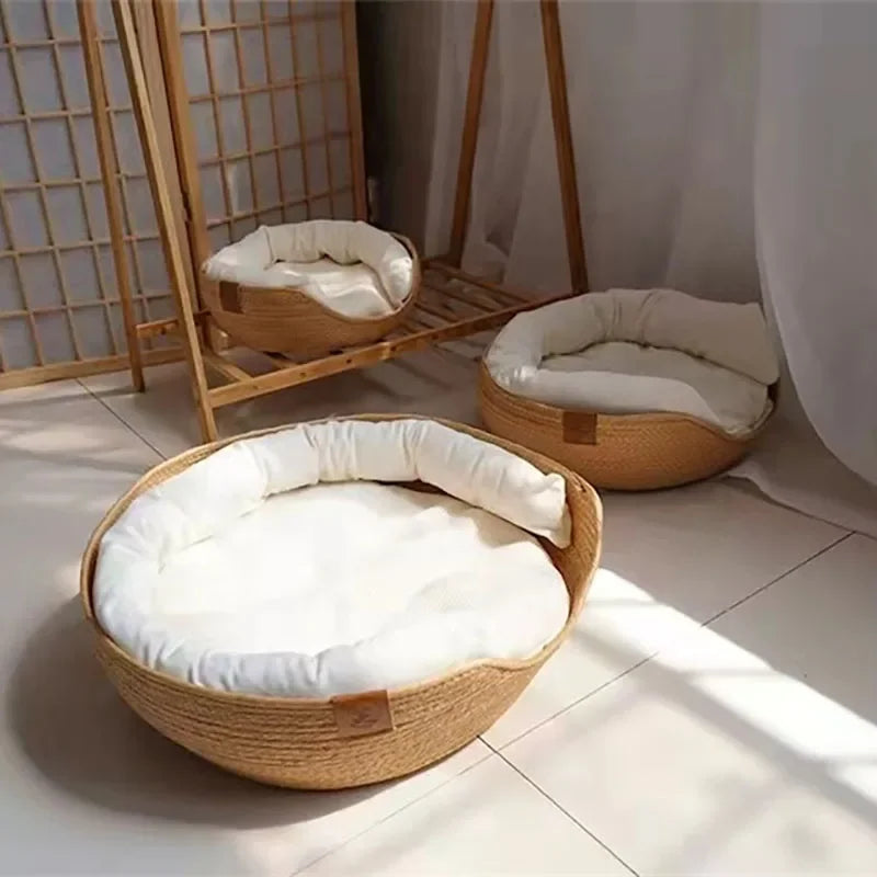 Handwoven Bamboo Pet Bed with Removable Cushion – Cat & Puppy Cozy Nest Brownstick