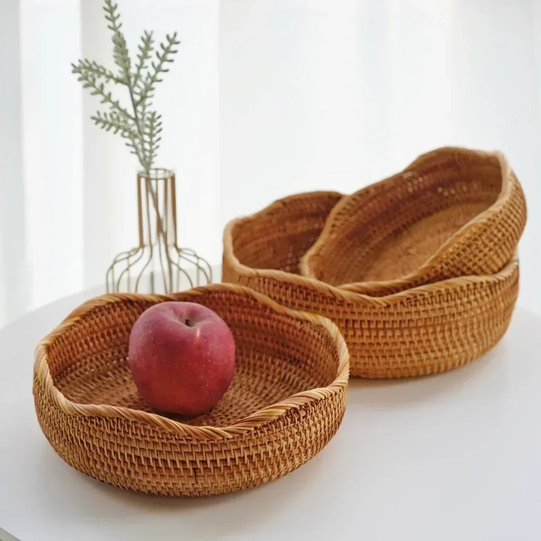 Round Rattan Woven Basket – Rustic Fruit & Bread Organizer Brownstick
