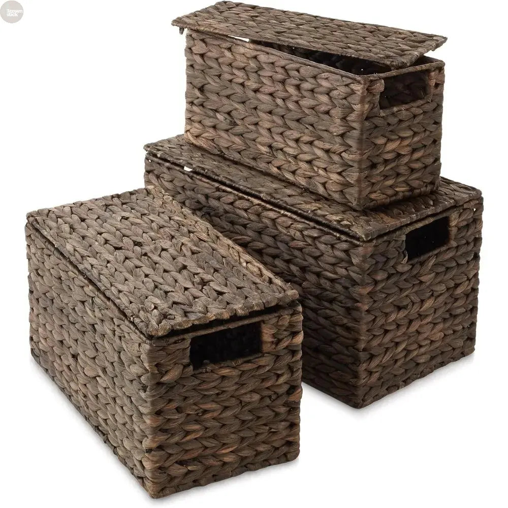 Set of 3 Handwoven Water Hyacinth Storage Baskets with Lids – Nesting Organizer Bins Brownstick
