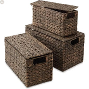 Set of 3 Handwoven Water Hyacinth Storage Baskets with Lids – Nesting Organizer Bins Brownstick