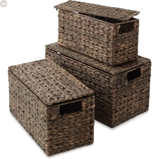 Set of 3 Handwoven Water Hyacinth Storage Baskets with Lids – Nesting Organizer Bins Brownstick