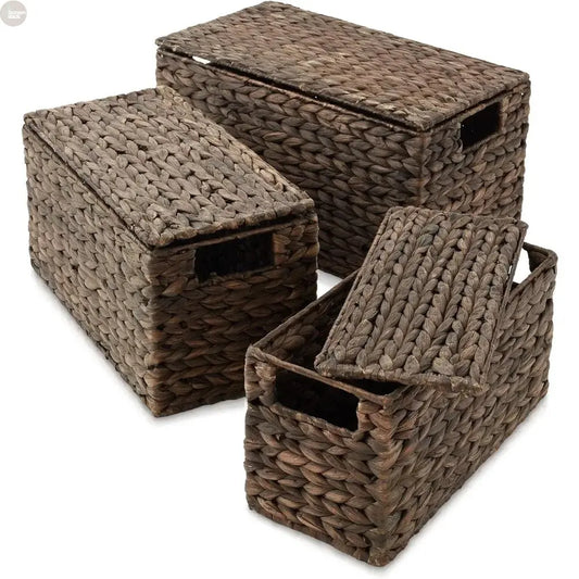 Set of 3 Handwoven Water Hyacinth Storage Baskets with Lids – Nesting Organizer Bins Brownstick