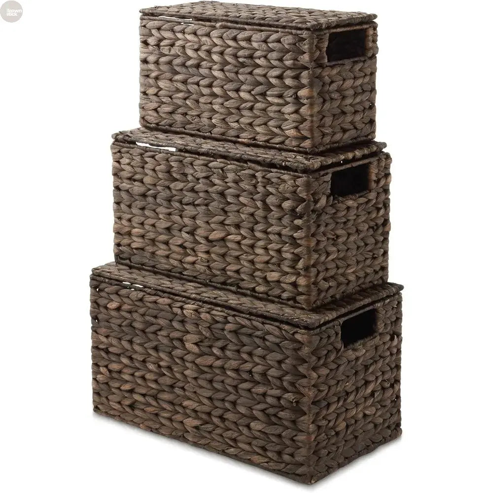 Set of 3 Handwoven Water Hyacinth Storage Baskets with Lids – Nesting Organizer Bins Brownstick