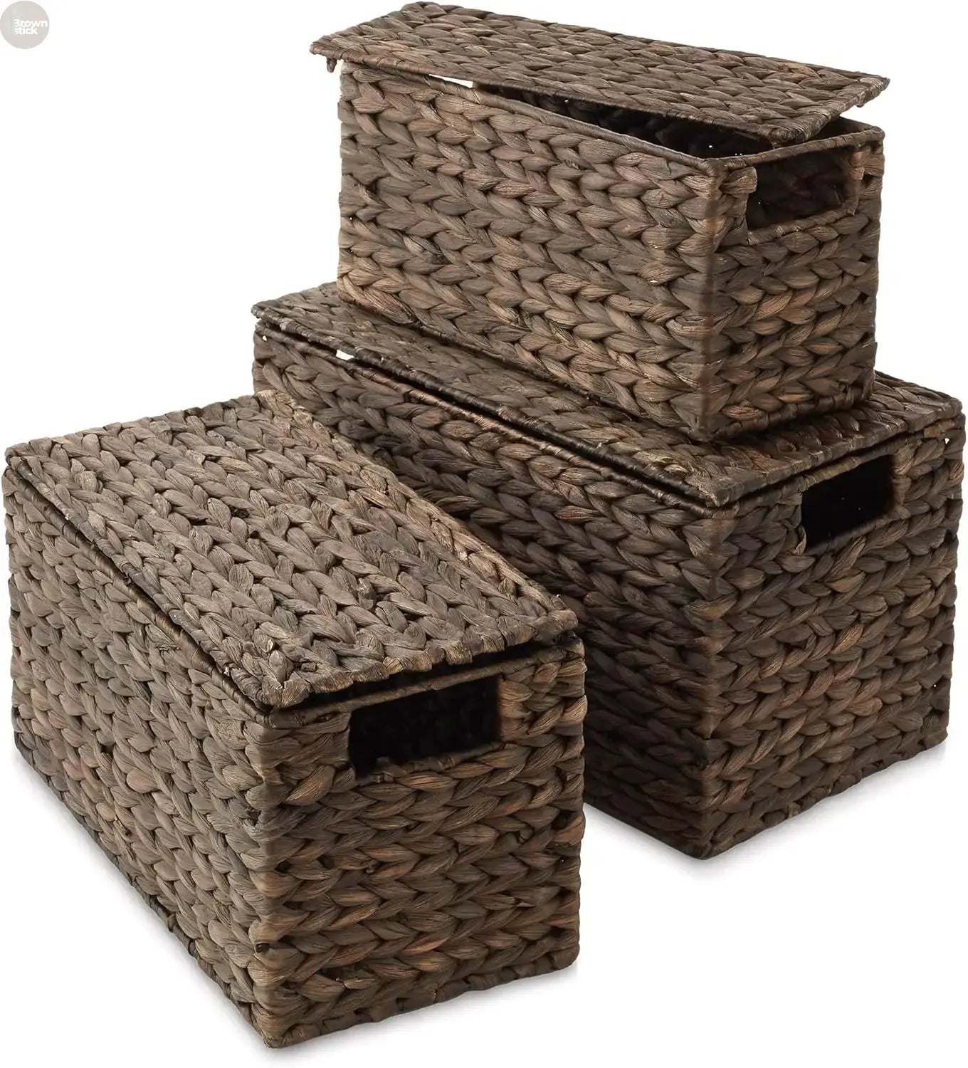 Set of 3 Handwoven Water Hyacinth Storage Baskets with Lids – Nesting Organizer Bins Brownstick