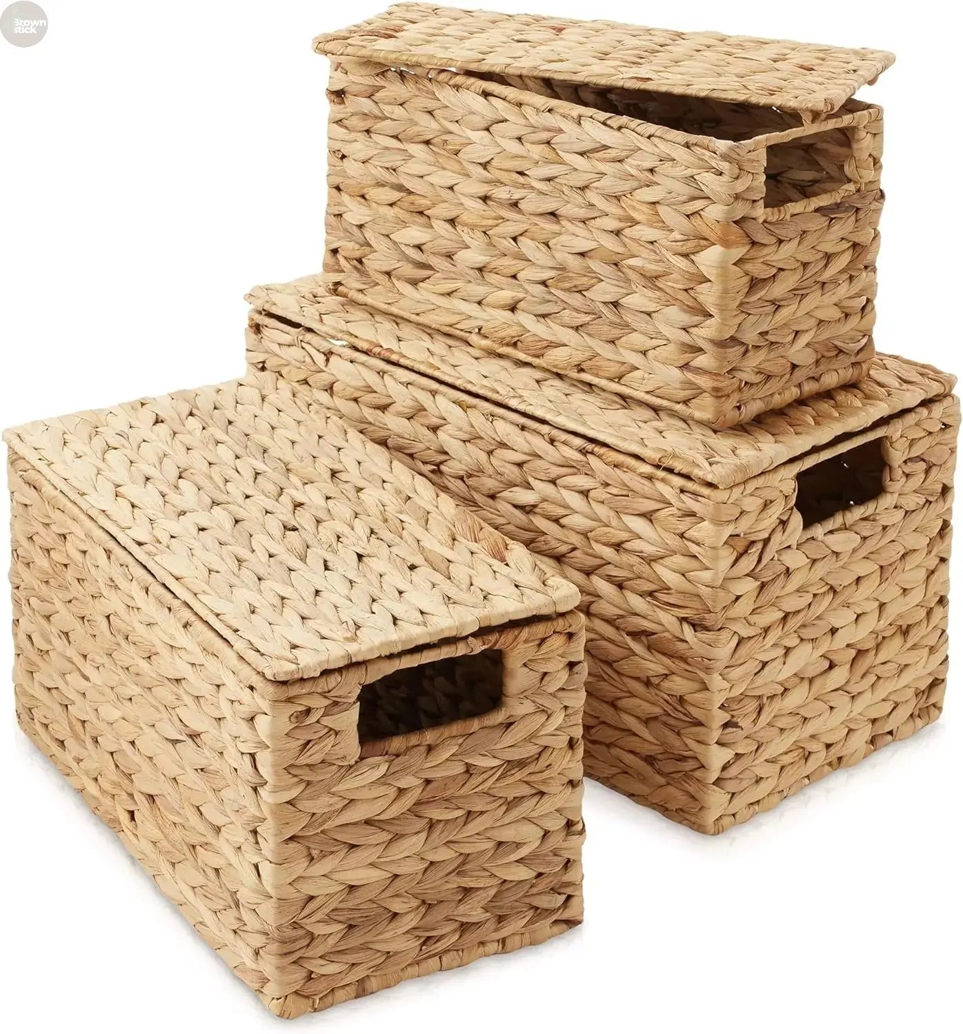 Set of 3 Handwoven Water Hyacinth Storage Baskets with Lids – Nesting Organizer Bins Brownstick