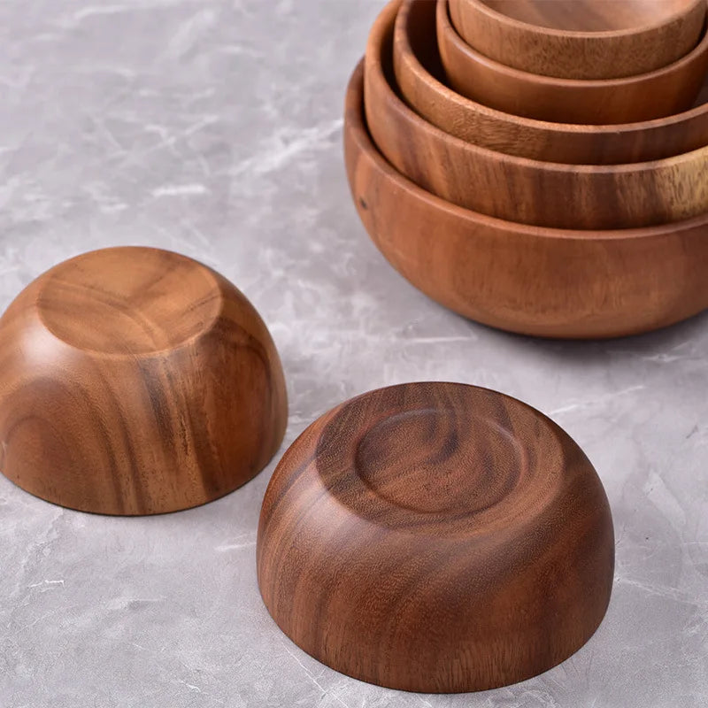 Classic Round Handmade Acacia Wood Salad Bowl Brownstick