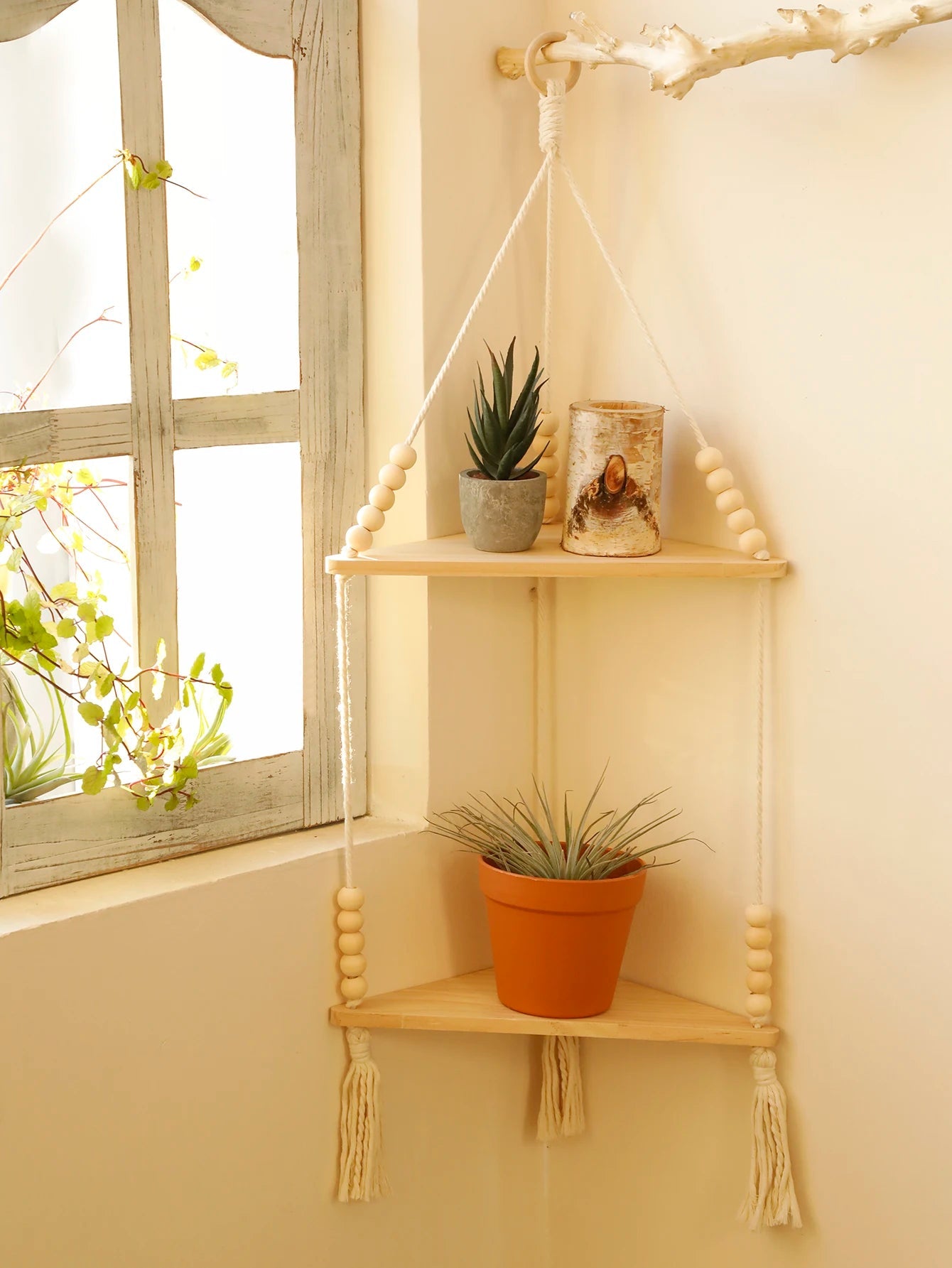 1–3 Layer Macrame Corner Shelf Brownstick