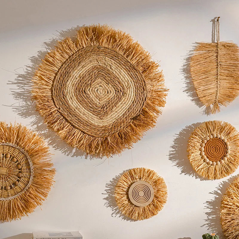 Rustic Handmade Straw Wall Decor Boho Hanging Wicker Art (7 Styles) Brownstick