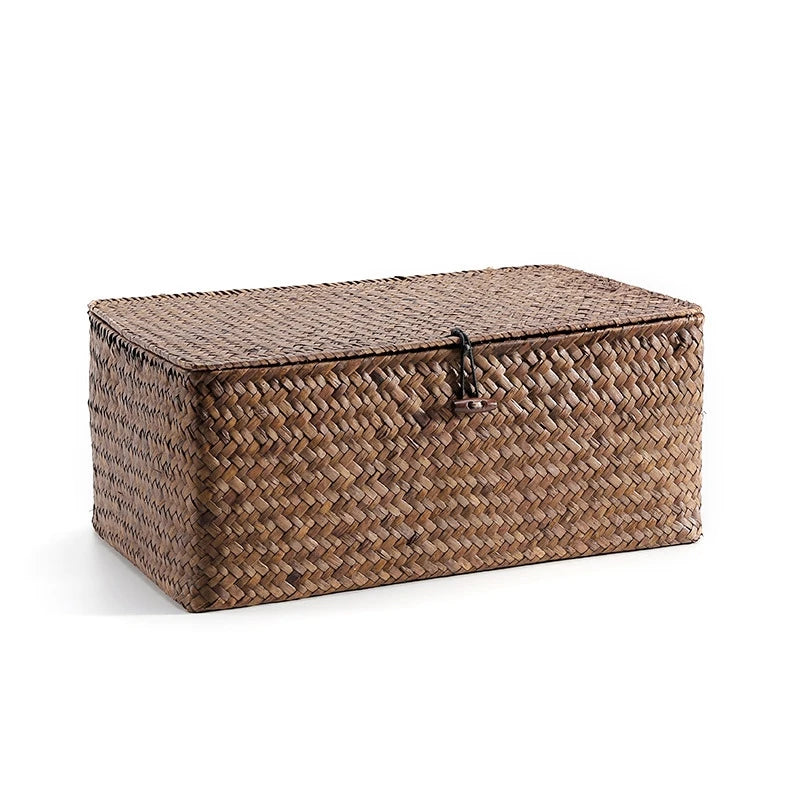 Handwoven Seagrass Storage Basket with Lid – Natural Organizer Brownstick