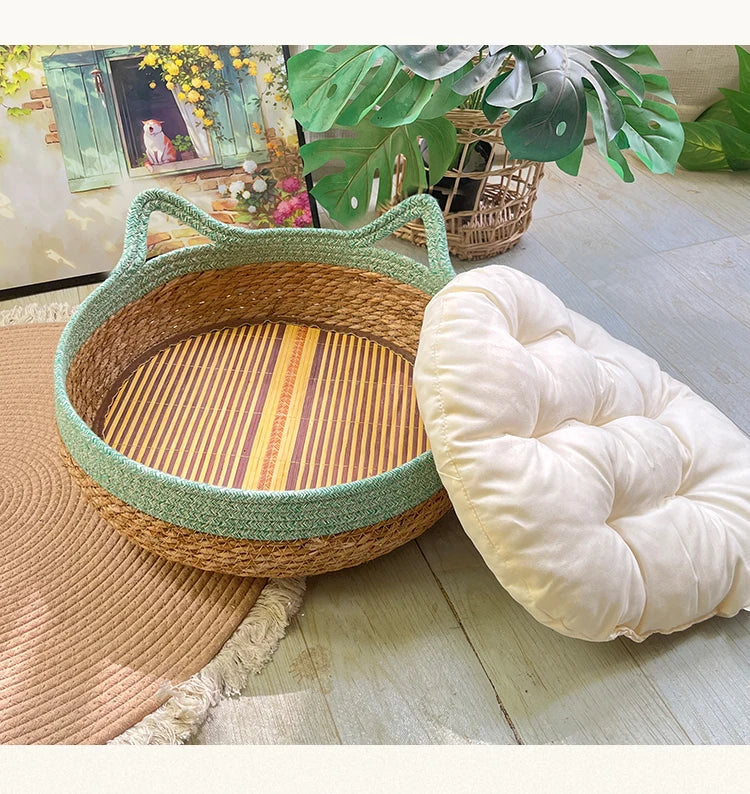 Rattan Cat Bed with Scratcher – Washable Cushion Pet House Brownstick