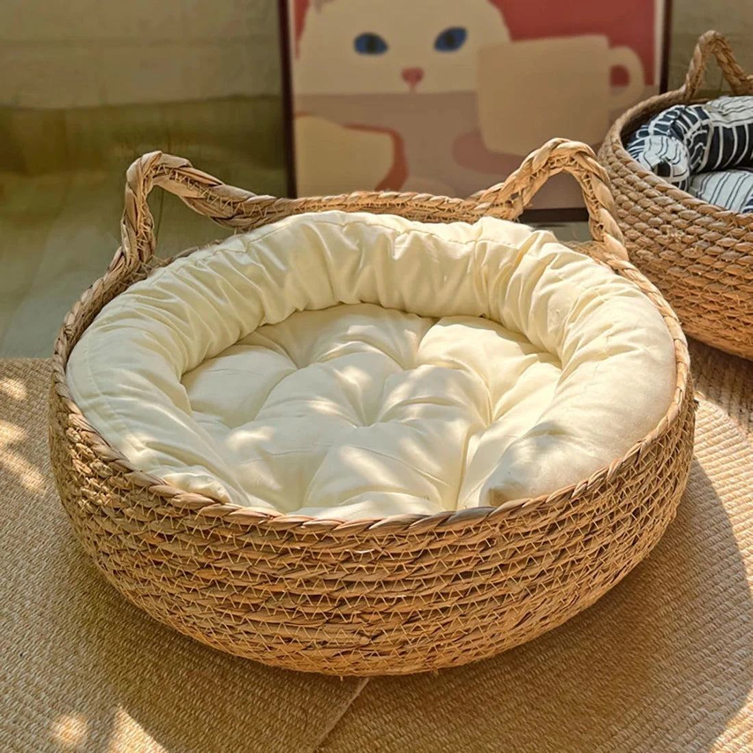 Washable Rattan Cat Bed with Scratcher & Cushion Brownstick