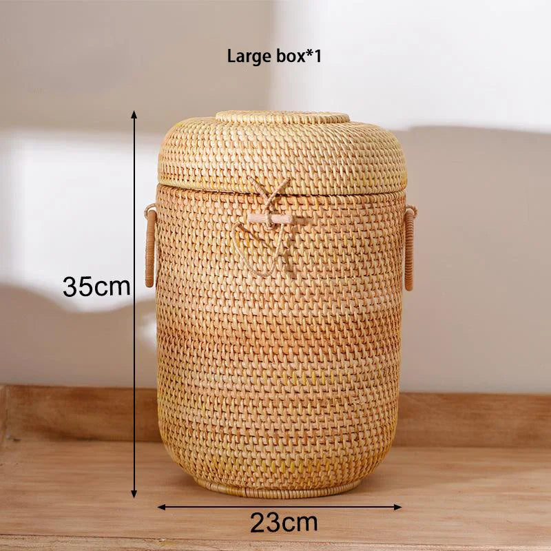 Handwoven Rattan Storage Box with Lid – Tea & Snack Organizer Brownstick