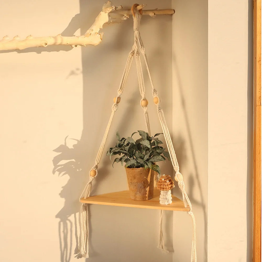 Macrame Corner Wall Shelf – Boho Triangle Shelf with Rope Hanger Brownstick