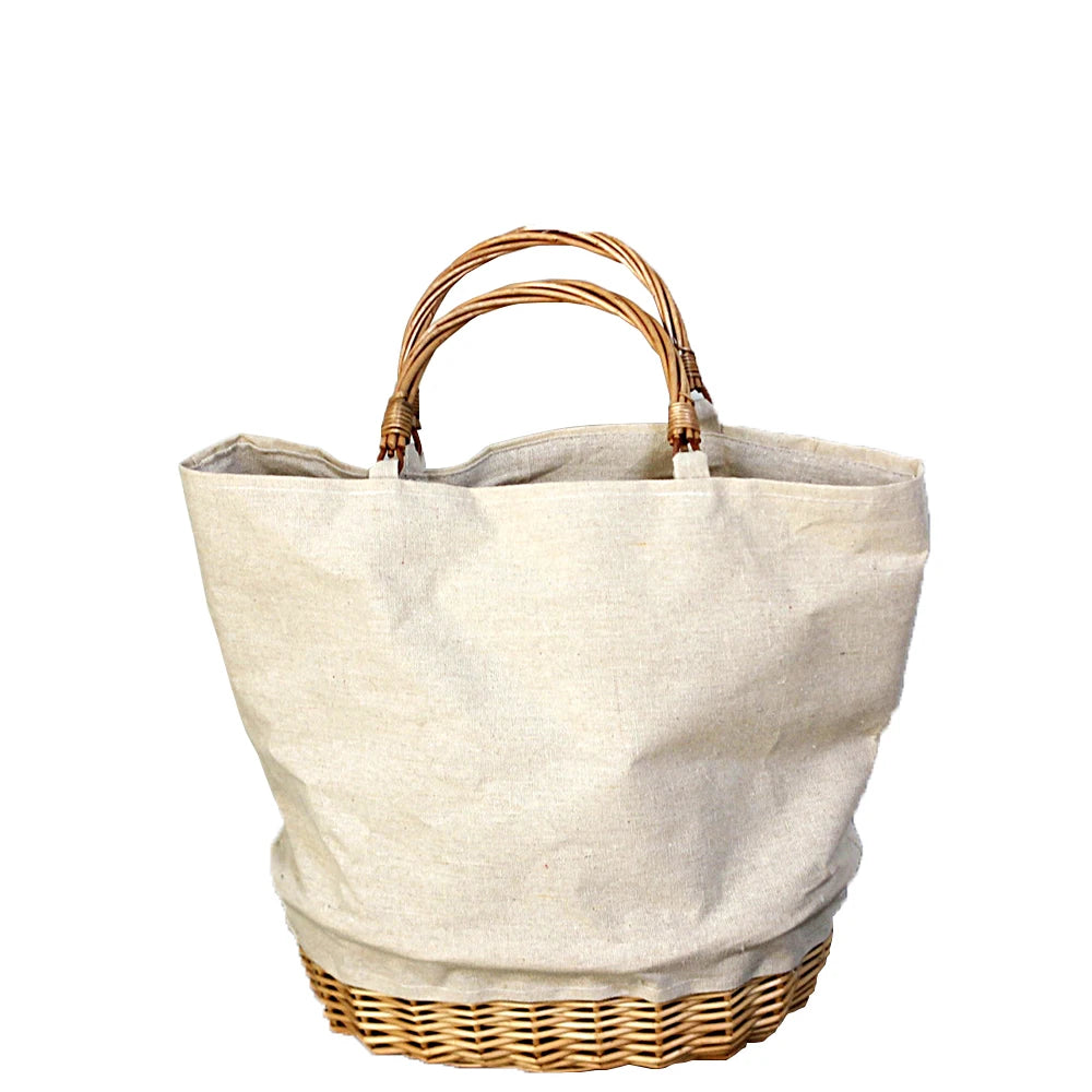 Wicker Basket Tote with Linen Patchwork – Handmade Boho Straw Travel Bag Brownstick