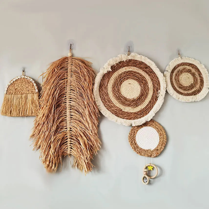 Rattan Wall Decor – Boho Straw Wall Basket Hanging Sets Brownstick