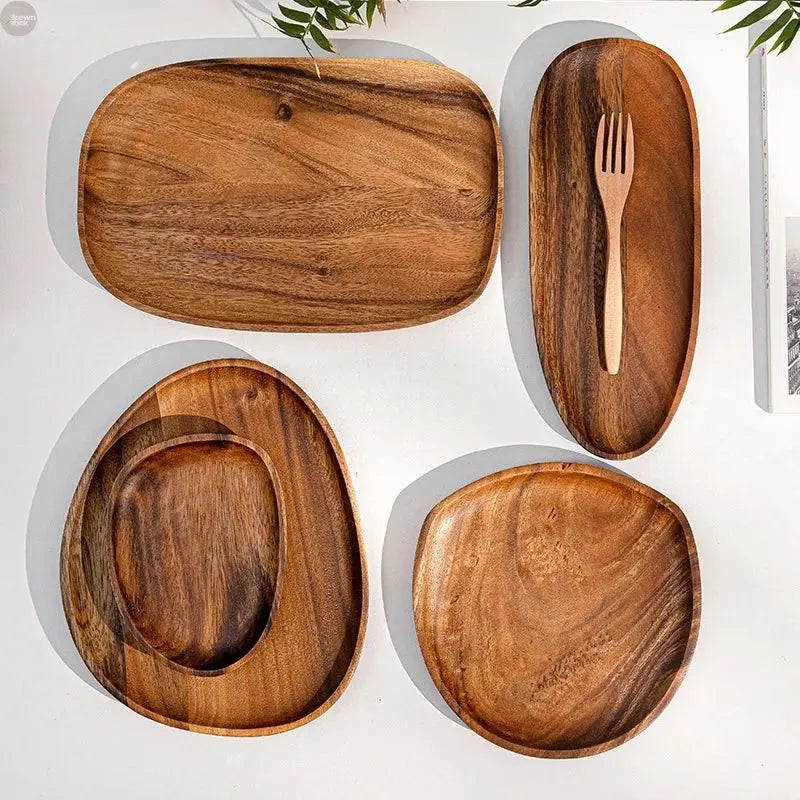 Solid Wood Irregular Oval Serving Tray – Handcrafted Natural Wooden Plate Brownstick