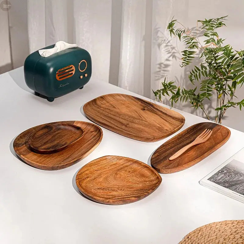 Solid Wood Irregular Oval Serving Tray – Handcrafted Natural Wooden Plate Brownstick