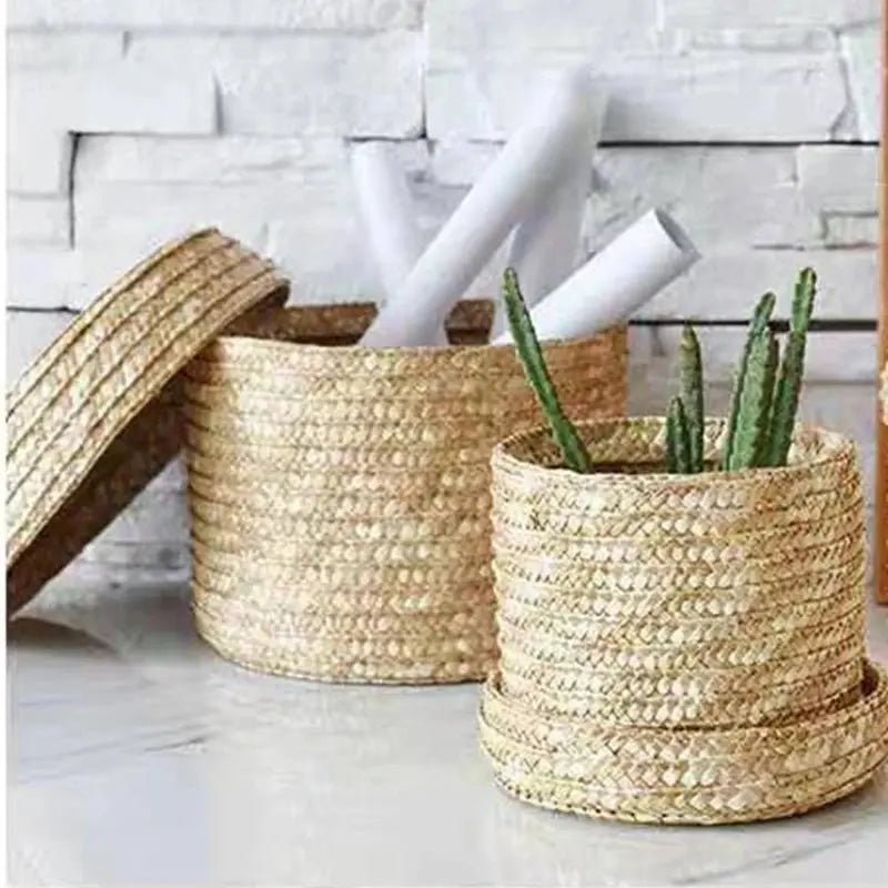 Straw Woven Storage Basket with Lid – Eco-Friendly Organizer Box Brownstick
