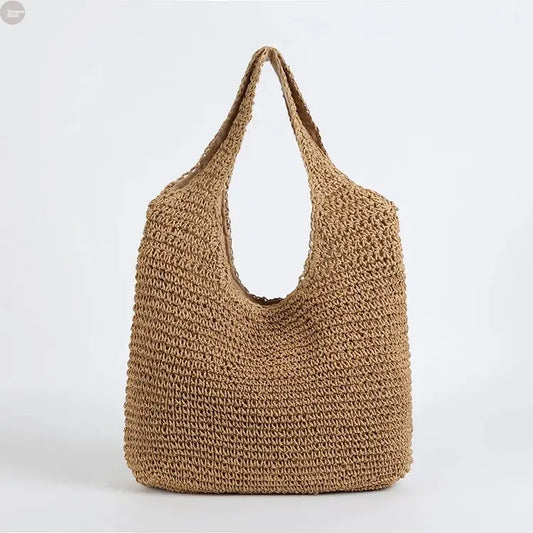 Summer Straw Shoulder Tote Woven Paper Handbag Brownstick
