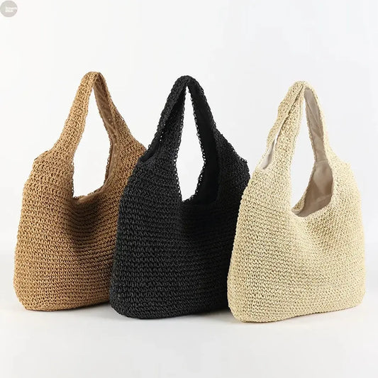Summer Straw Shoulder Tote Woven Paper Handbag Brownstick