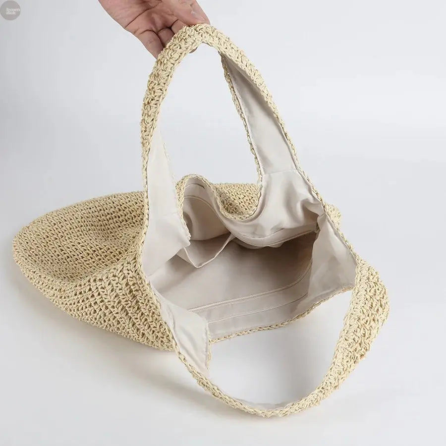 Summer Straw Shoulder Tote Woven Paper Handbag Brownstick