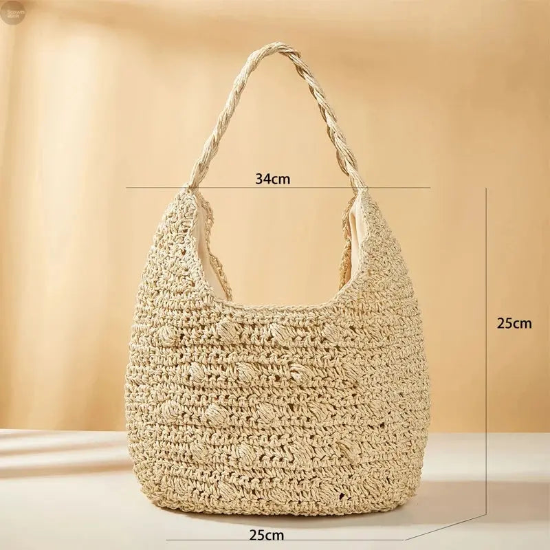 Summer Straw Shoulder Tote Woven Paper Handbag Brownstick