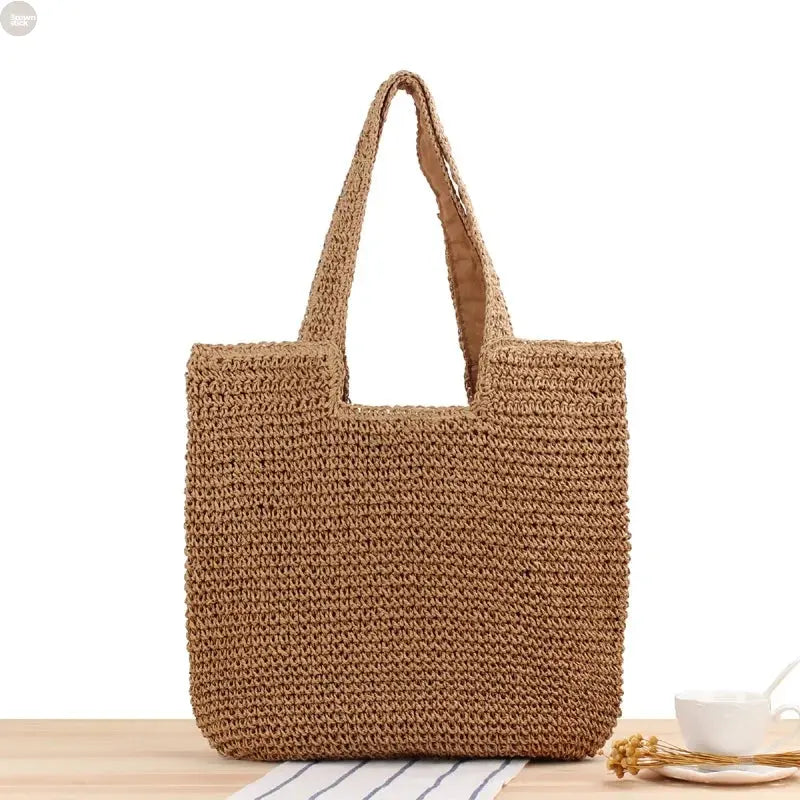 Summer Straw Shoulder Tote Woven Paper Handbag Brownstick
