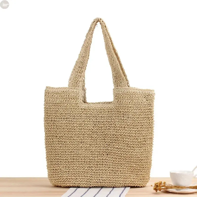 Summer Straw Shoulder Tote Woven Paper Handbag Brownstick