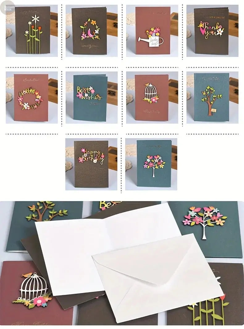 Universal Retro Wood Carving Patch Card Set – Mini Blessing Greeting Cards with Envelopes - Brownstick