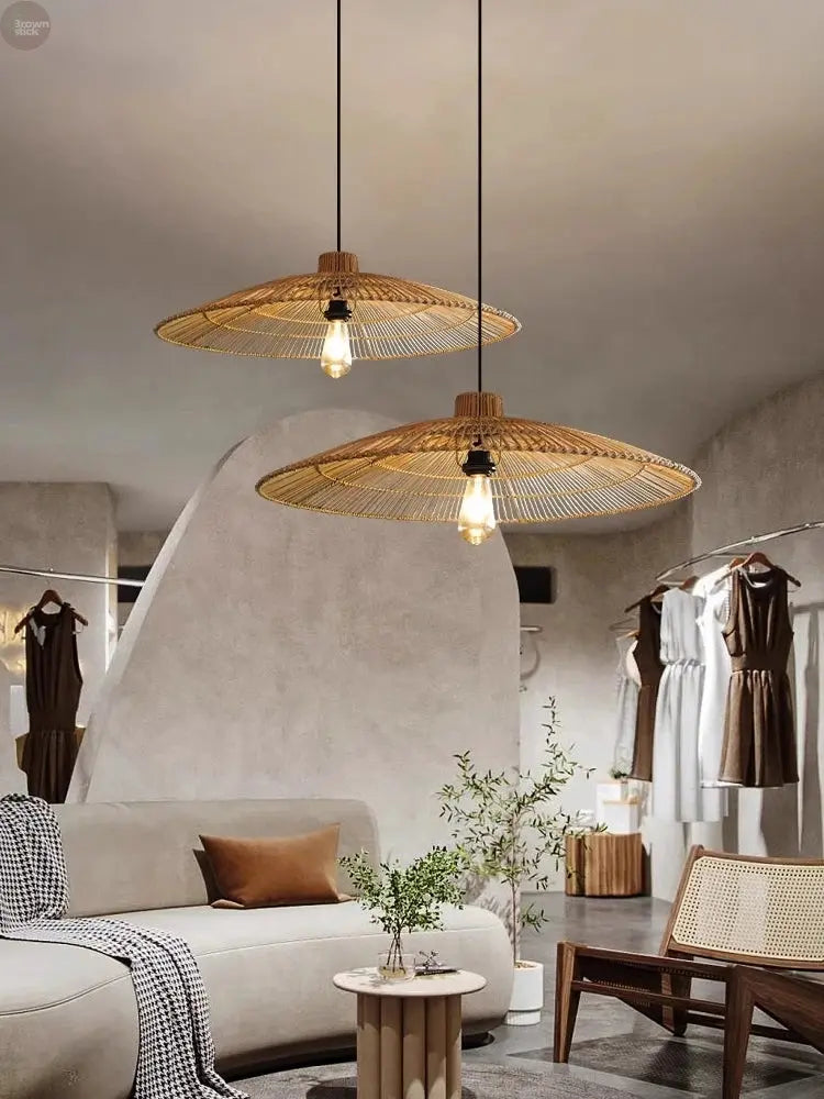 Vintage LED Pendant Light Nordic Umbrella Handmade Rattan Lamp for Living Room Bedroom Hall Dining Rom Table Living Room Lustre Brownstick