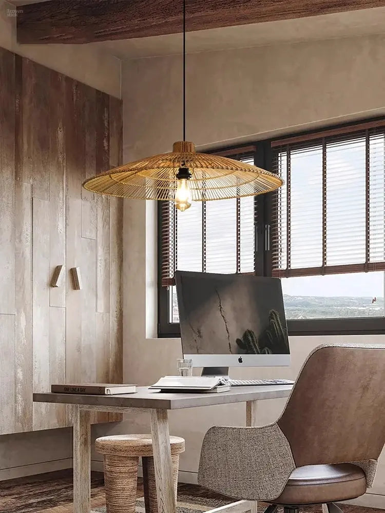 Vintage LED Pendant Light Nordic Umbrella Handmade Rattan Lamp for Living Room Bedroom Hall Dining Rom Table Living Room Lustre Brownstick