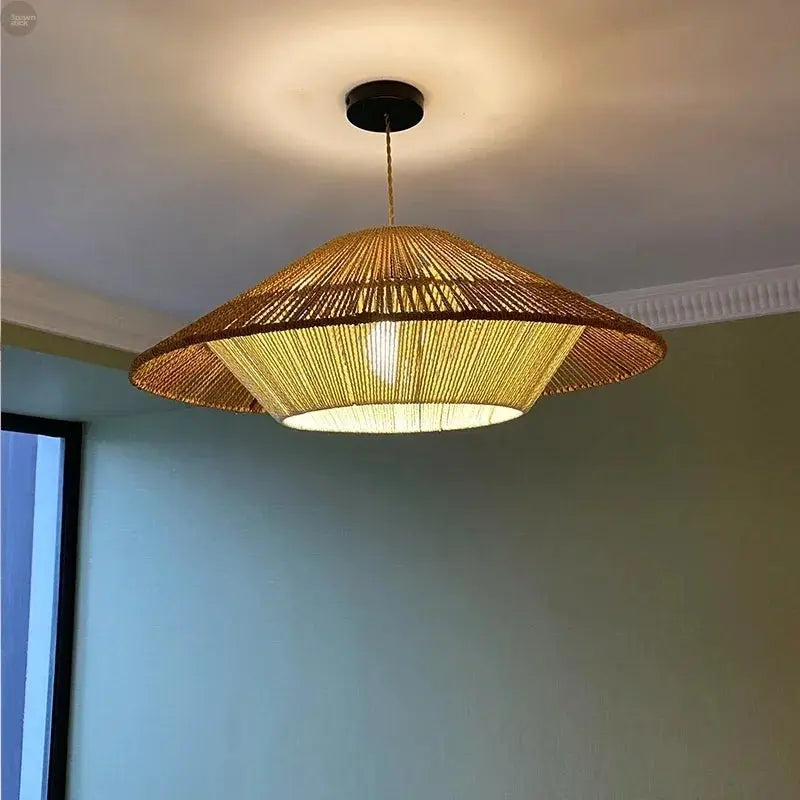 Vintage Wabi-Sabi Hemp Rope Rattan Weaving LED Chandelier Brownstick