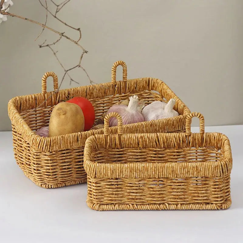 Wall Hanging Woven Storage Basket – Imitation Rattan Kitchen Organizer Brownstick