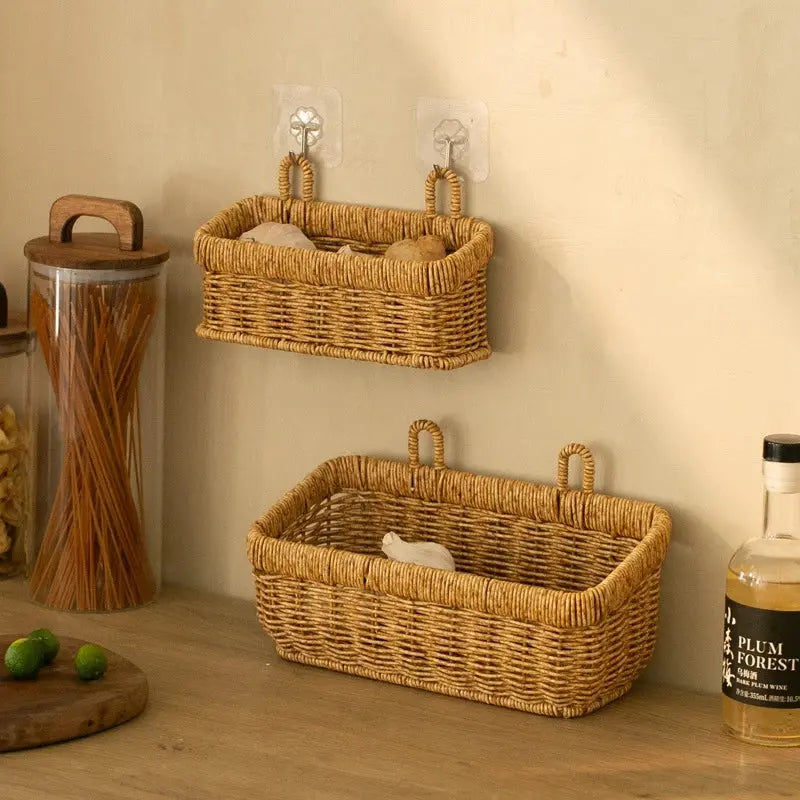 Wall Hanging Woven Storage Basket – Imitation Rattan Kitchen Organizer Brownstick