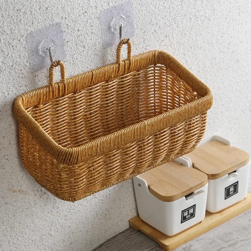Wall Hanging Woven Storage Basket – Imitation Rattan Kitchen Organizer Brownstick