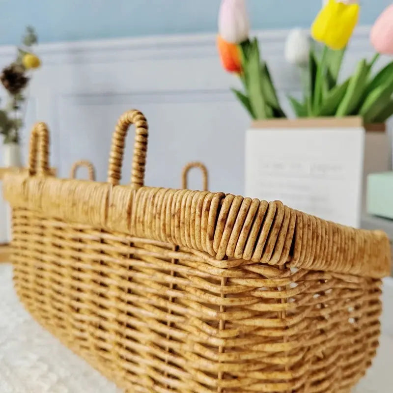 Wall Hanging Woven Storage Basket – Imitation Rattan Kitchen Organizer Brownstick