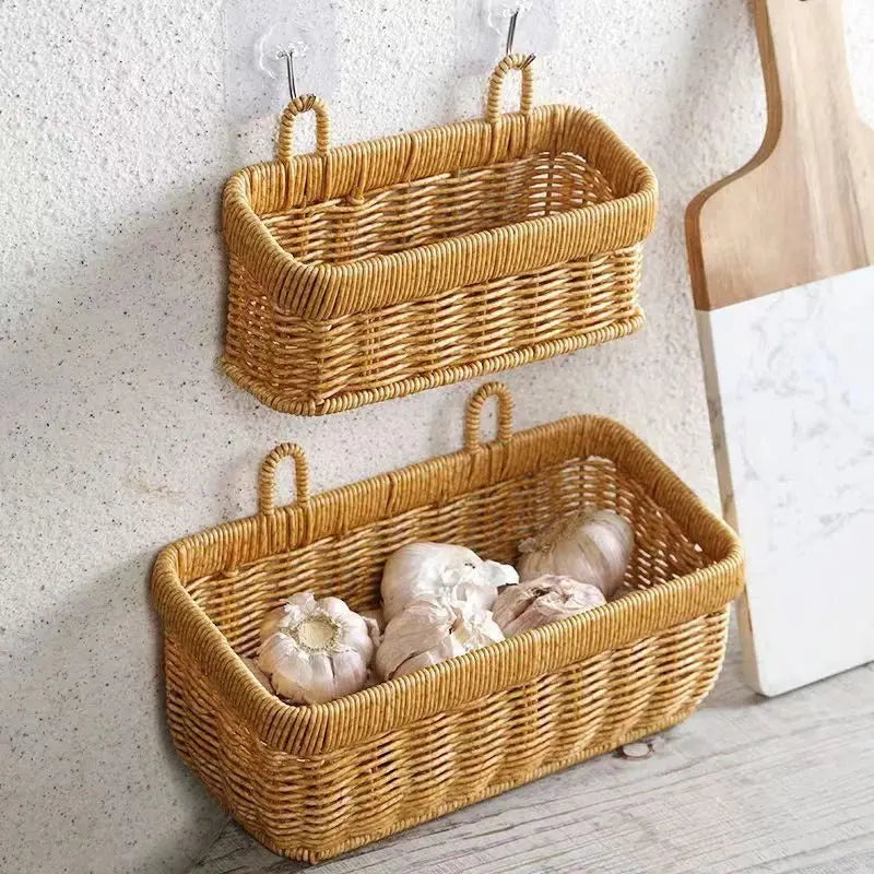 Wall Hanging Woven Storage Basket – Imitation Rattan Kitchen Organizer Brownstick