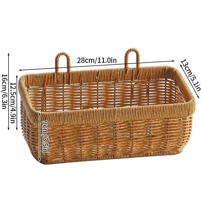 Wall Hanging Woven Storage Basket – Imitation Rattan Kitchen Organizer Brownstick