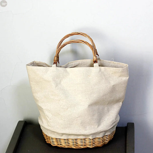 Wicker Basket Tote with Linen Patchwork – Handmade Boho Straw Travel Bag Brownstick