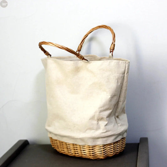Wicker Basket Tote with Linen Patchwork – Handmade Boho Straw Travel Bag Brownstick