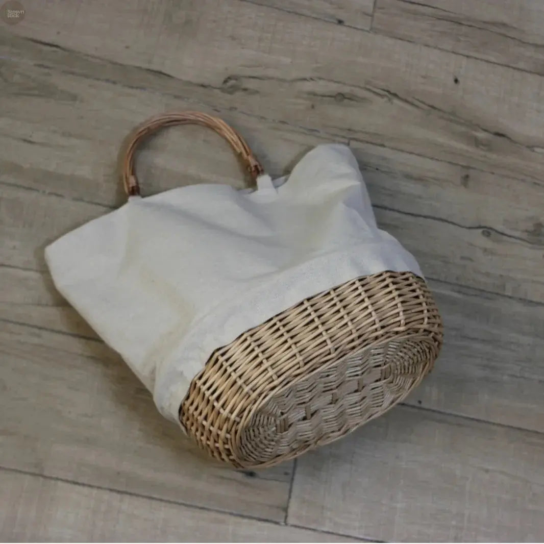 Wicker Basket Tote with Linen Patchwork – Handmade Boho Straw Travel Bag Brownstick
