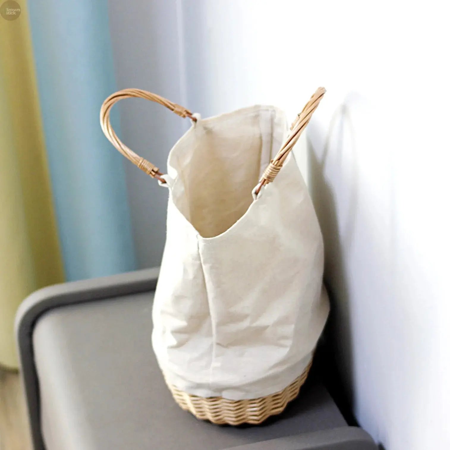 Wicker Basket Tote with Linen Patchwork – Handmade Boho Straw Travel Bag Brownstick