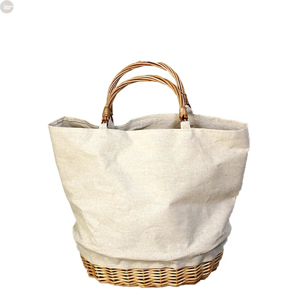 Wicker Basket Tote with Linen Patchwork – Handmade Boho Straw Travel Bag Brownstick