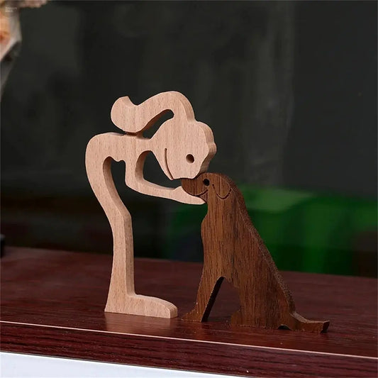 Wooden Dog and Human Figurine – Creative 3D Man Statue - Brownstick