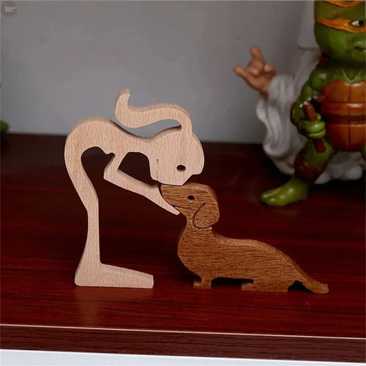 Wooden Dog and Human Figurine – Creative 3D Man Statue - Brownstick