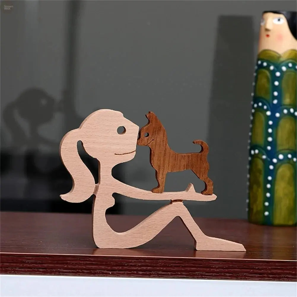 Wooden Dog and Human Figurine – Creative 3D Man Statue - Brownstick