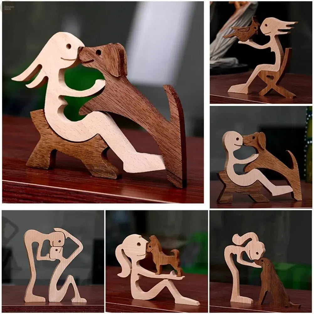 Wooden Dog and Human Figurine – Creative 3D Man Statue - Brownstick